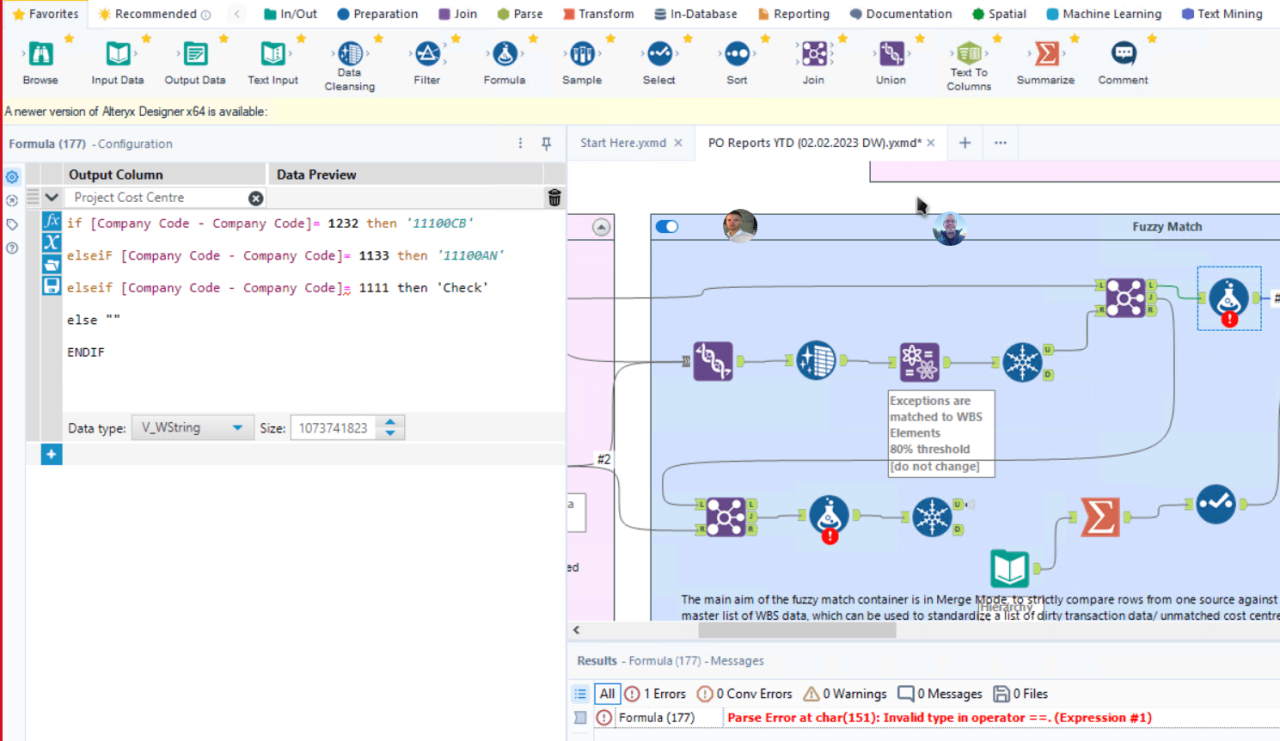 Invalid type in operator alteryx