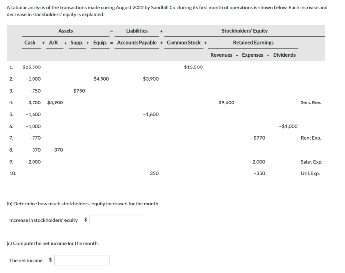 A tabular analysis of the transactions made during